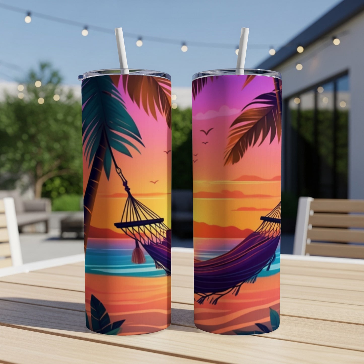 Two tumblers featuring a sunset hammock scene with palm trees.