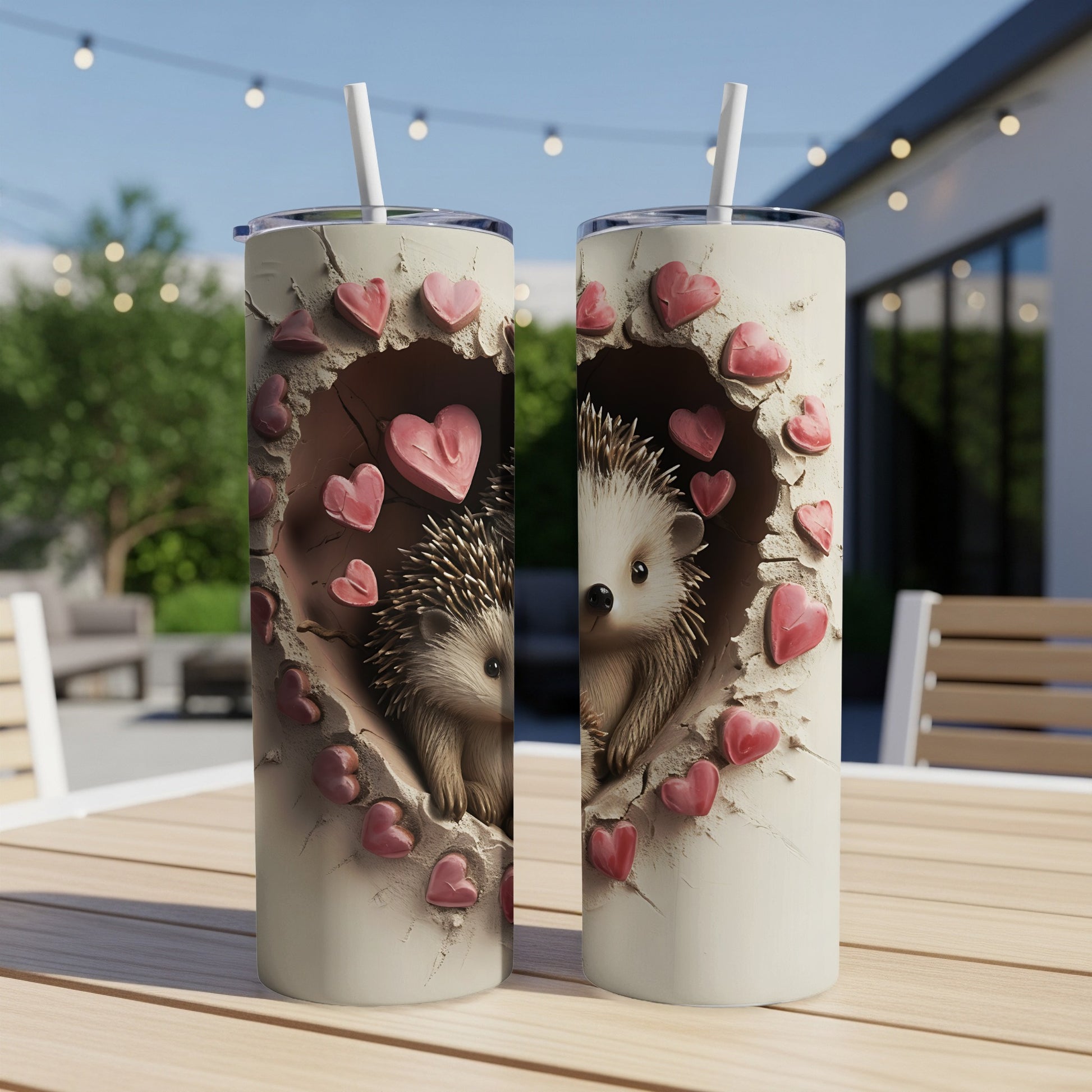 Two cream tumblers with a hedgehog peeking from a pink heart-shaped opening.