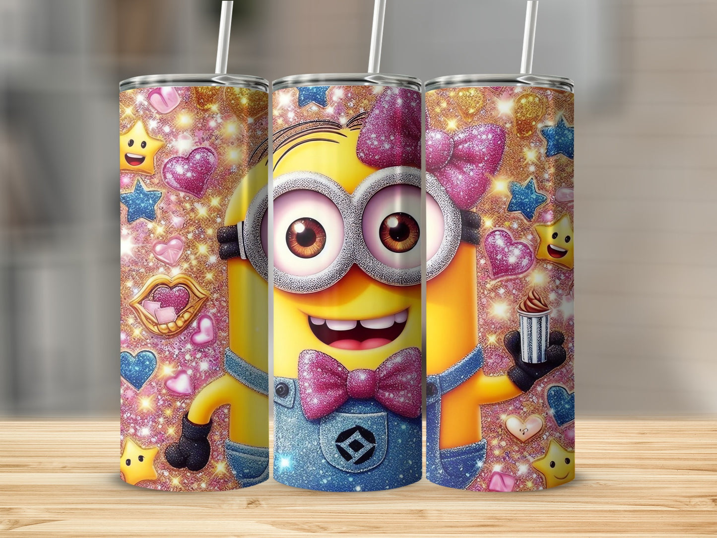 Sparkling Cartoon Character with Hearts Design Tumbler