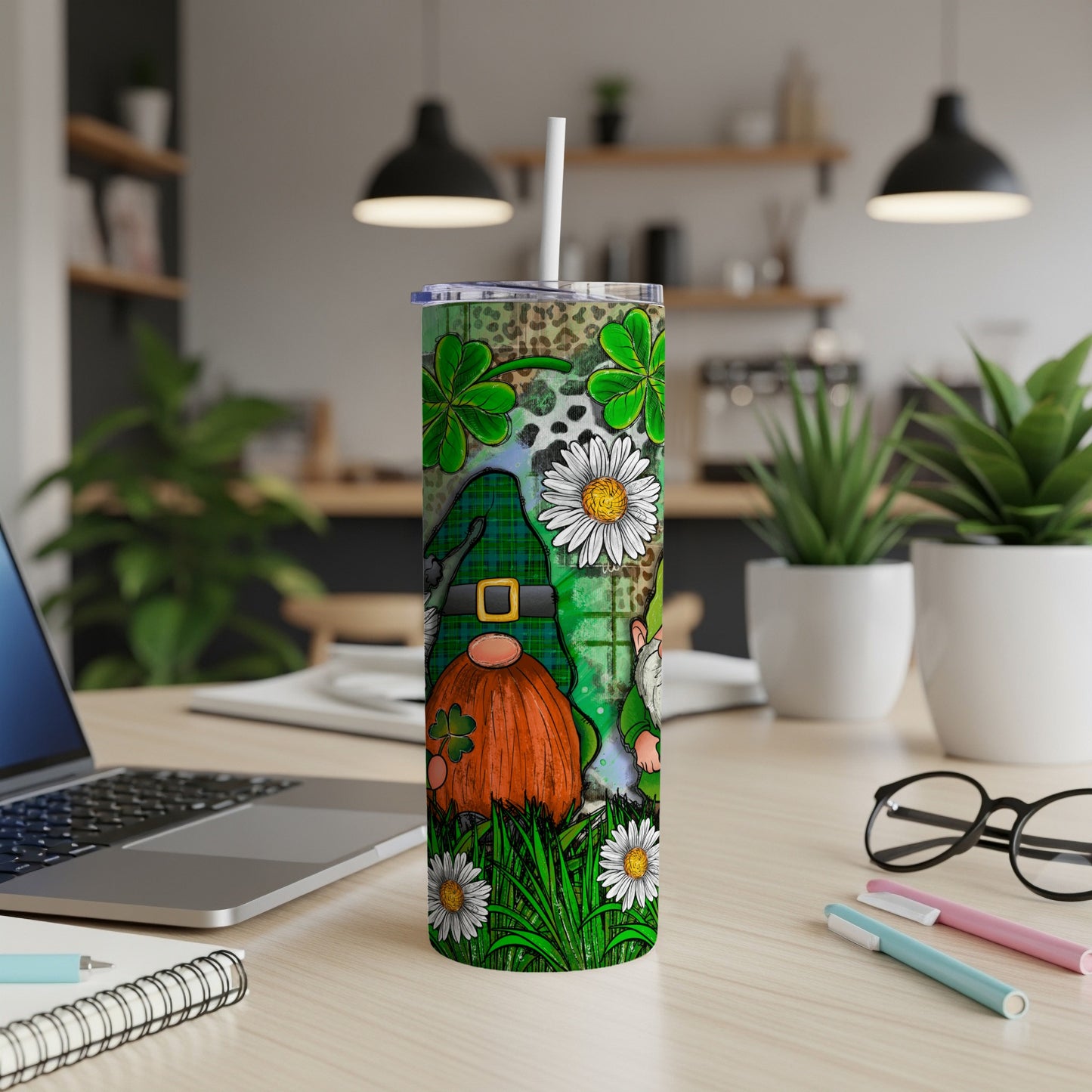 Green plaid gnome with pumpkin and shamrocks on a tumbler.