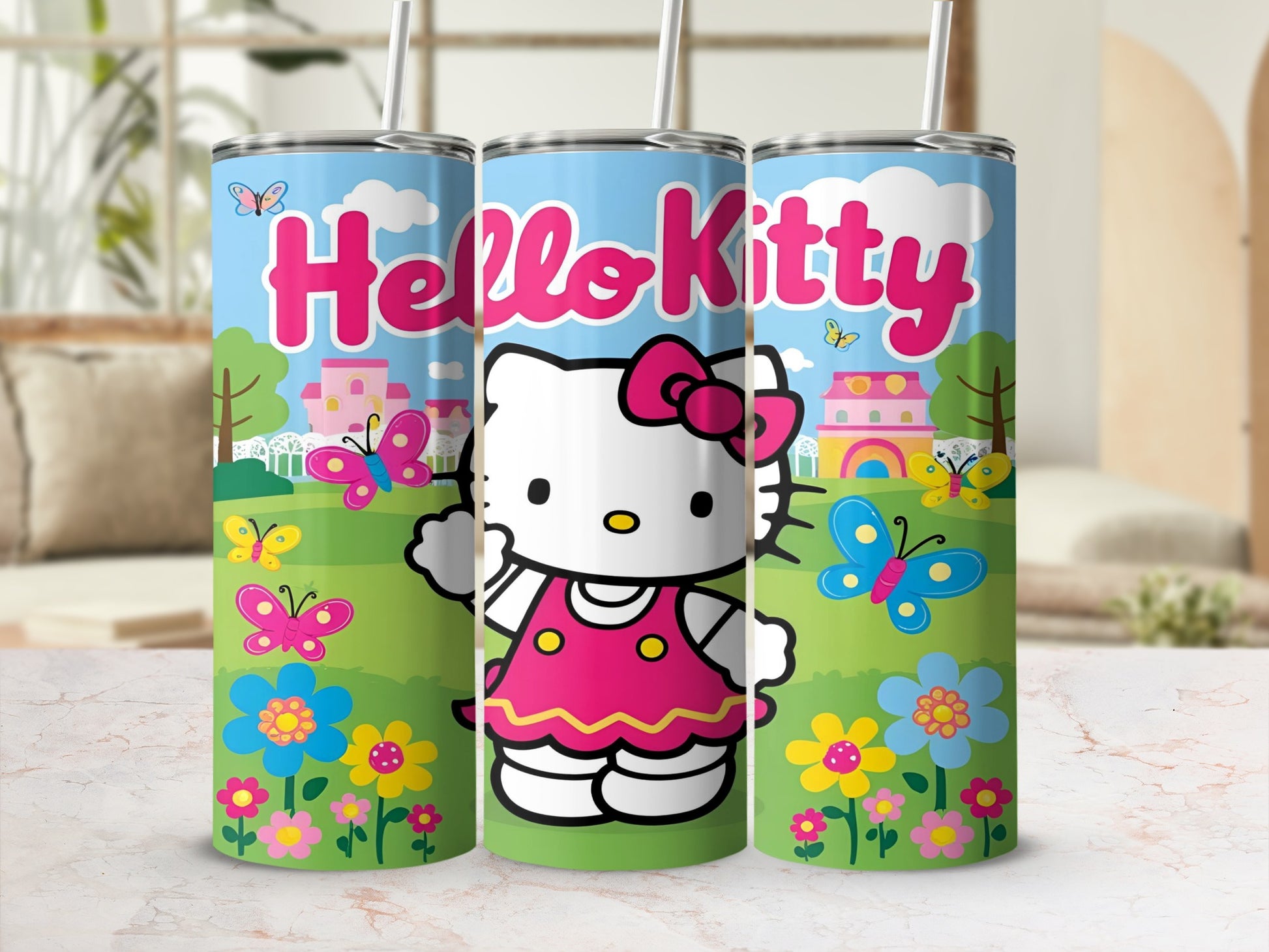 Hello Kitty on a grassy field with butterflies and flowers, on a skinny tumbler.