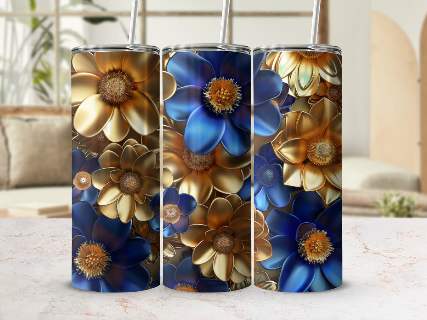 Three tumblers featuring ornate blue and gold floral designs.