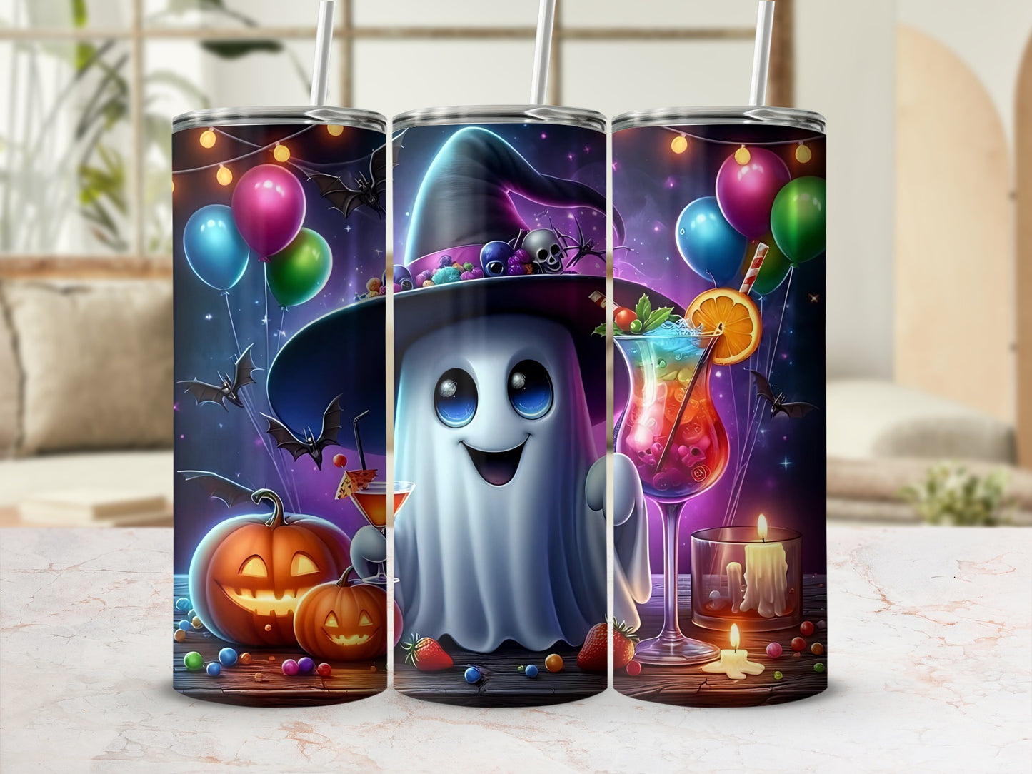 Halloween tumblers featuring a ghost, pumpkins, bats, balloons, cocktails, and candles.