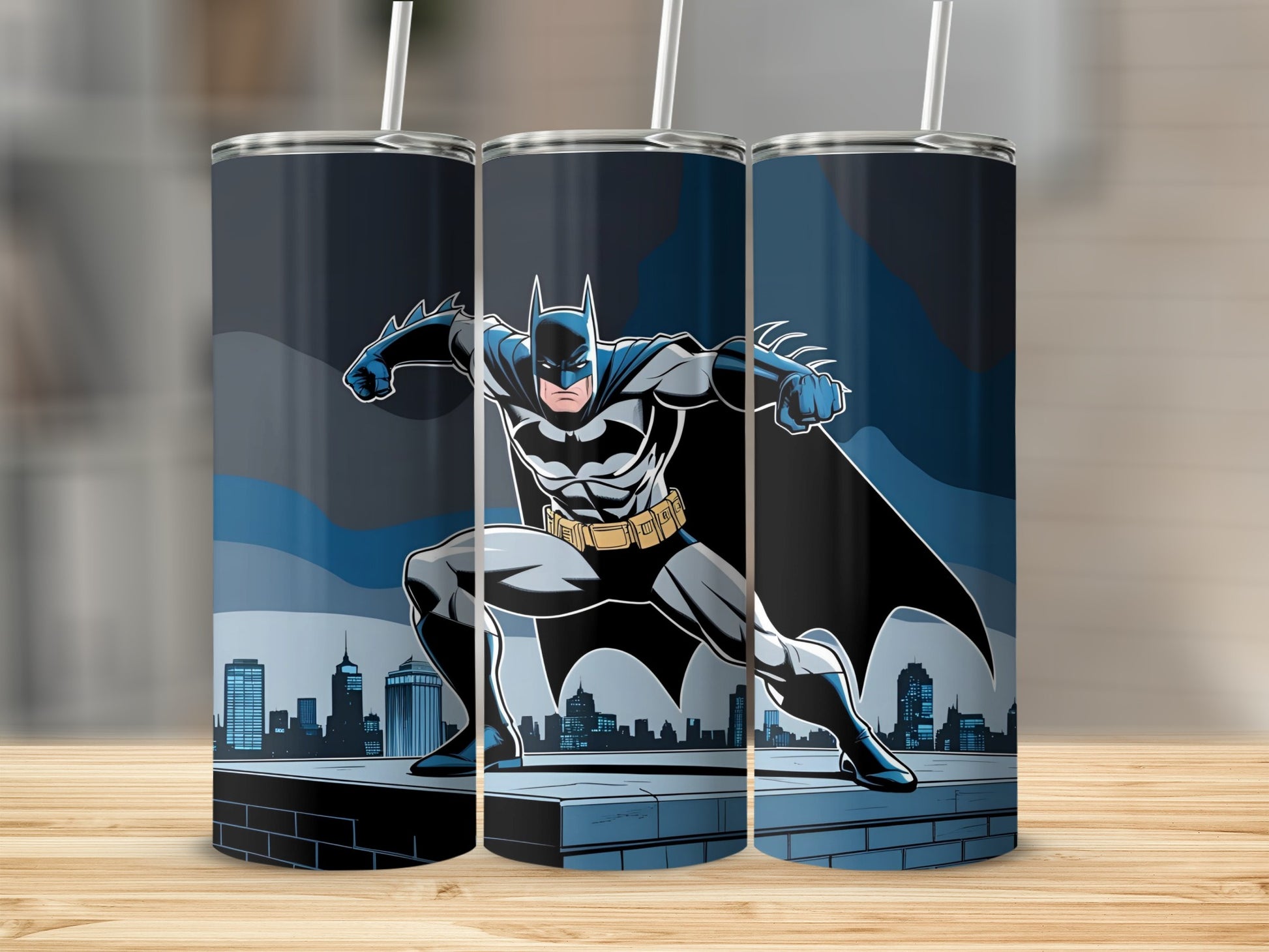 Batman crouching on a rooftop with a city skyline background.