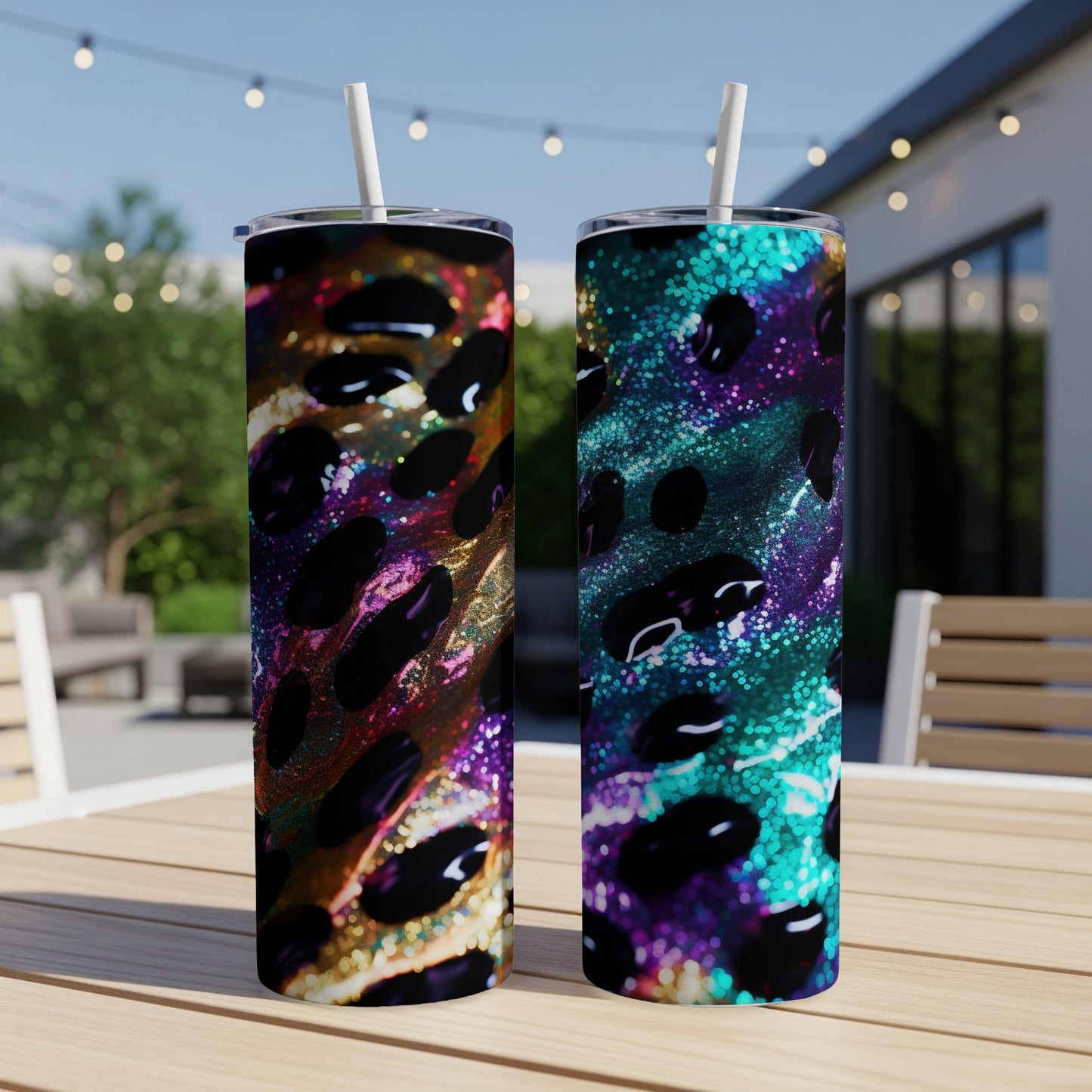 Two tumblers with colorful abstract leopard print and glitter designs.
