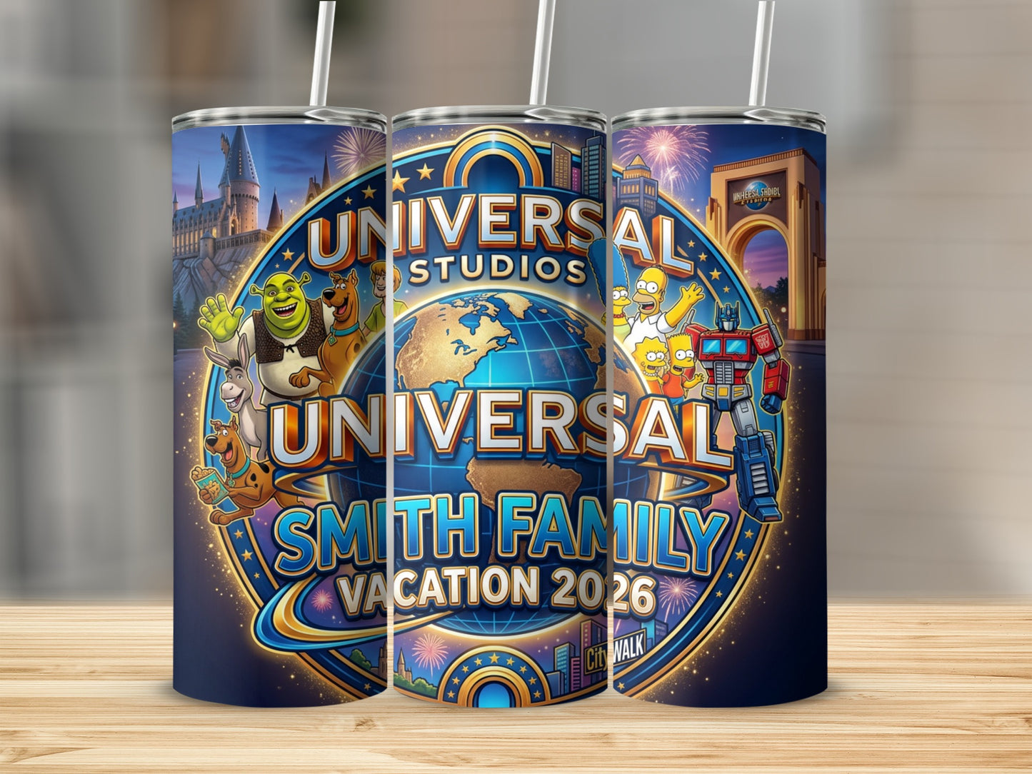 Universal Studios Smith Family Vacation 2026 tumbler with characters.