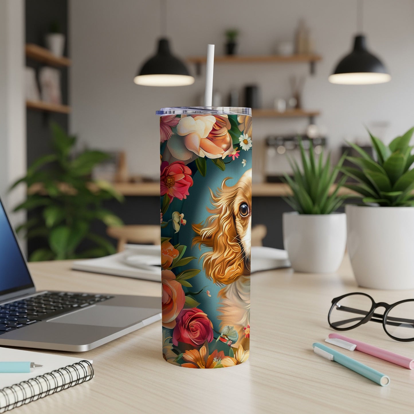 Dog portrait with floral pattern on a skinny tumbler.