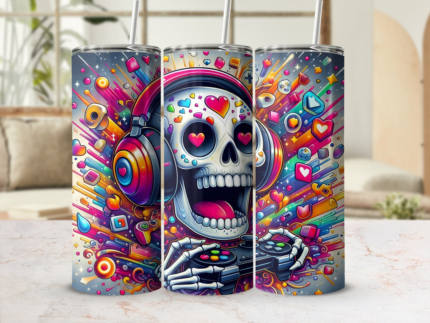 Skull with headphones and controller, gaming theme, colorful abstract background.