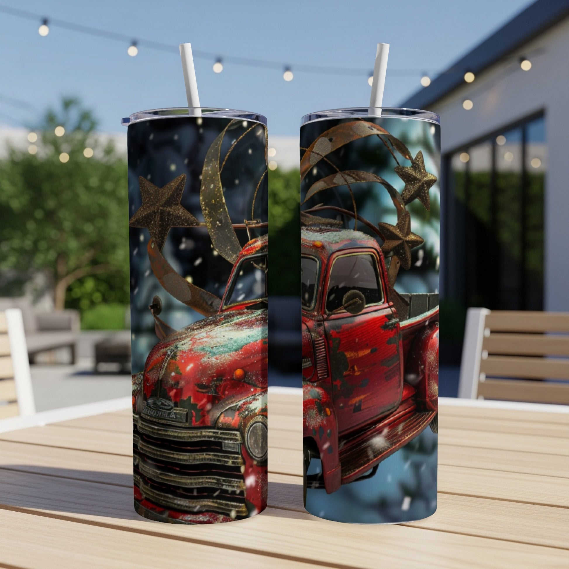Distressed red pickup truck with stars and snow decoration.