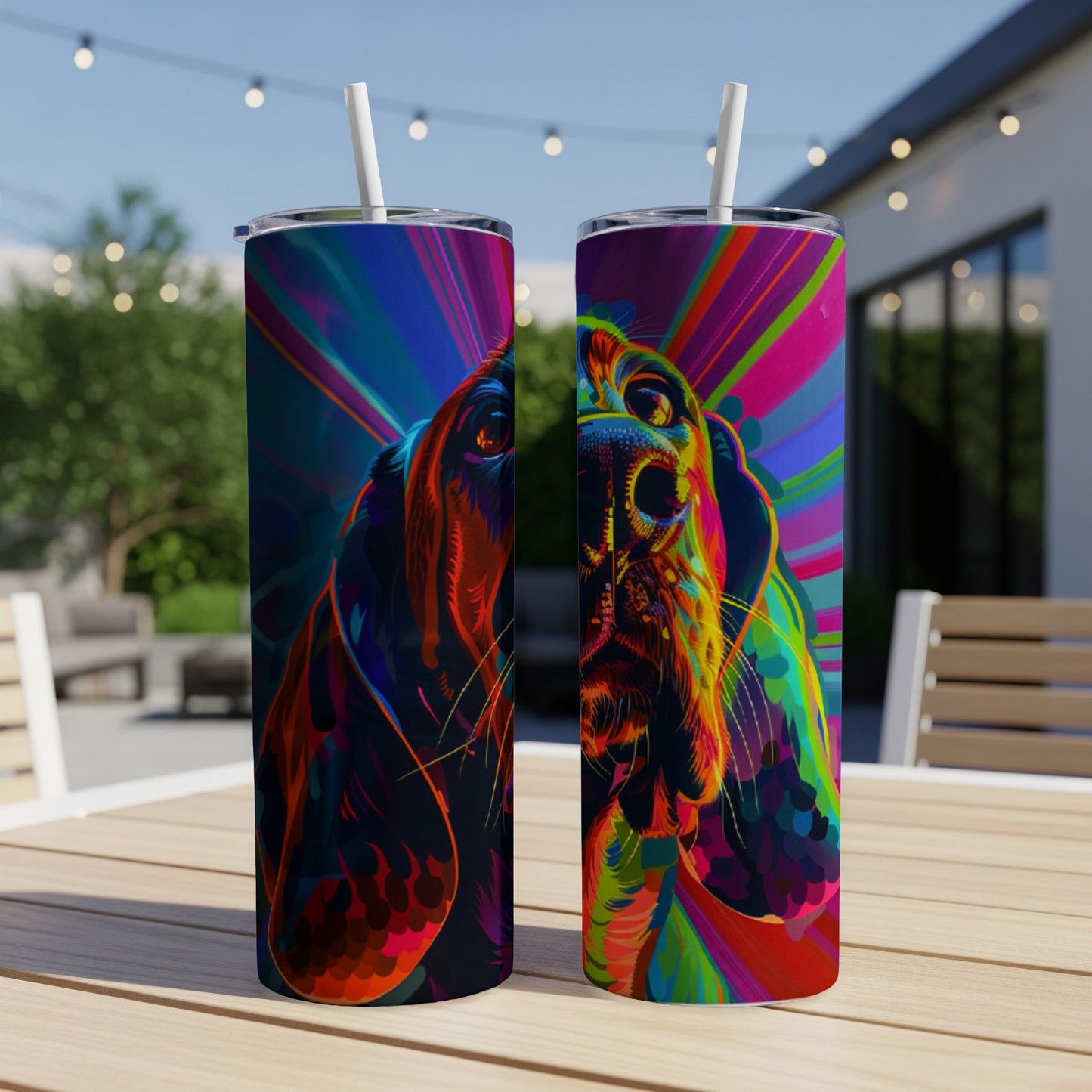 Psychedelic basset hound art on two tumblers with straws.