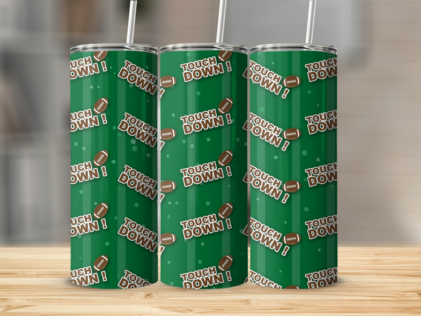 Green tumblers with football pattern and "Touch Down!" text.
