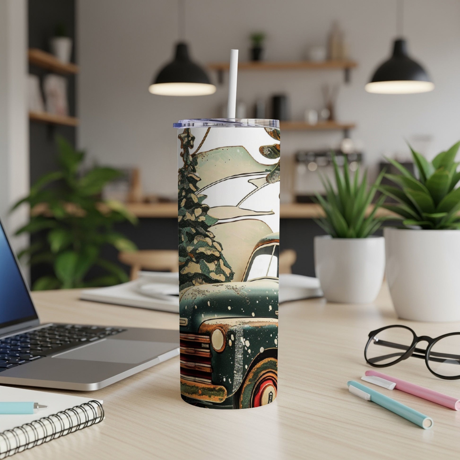 Festive tumbler with vintage truck and snow-covered tree design.