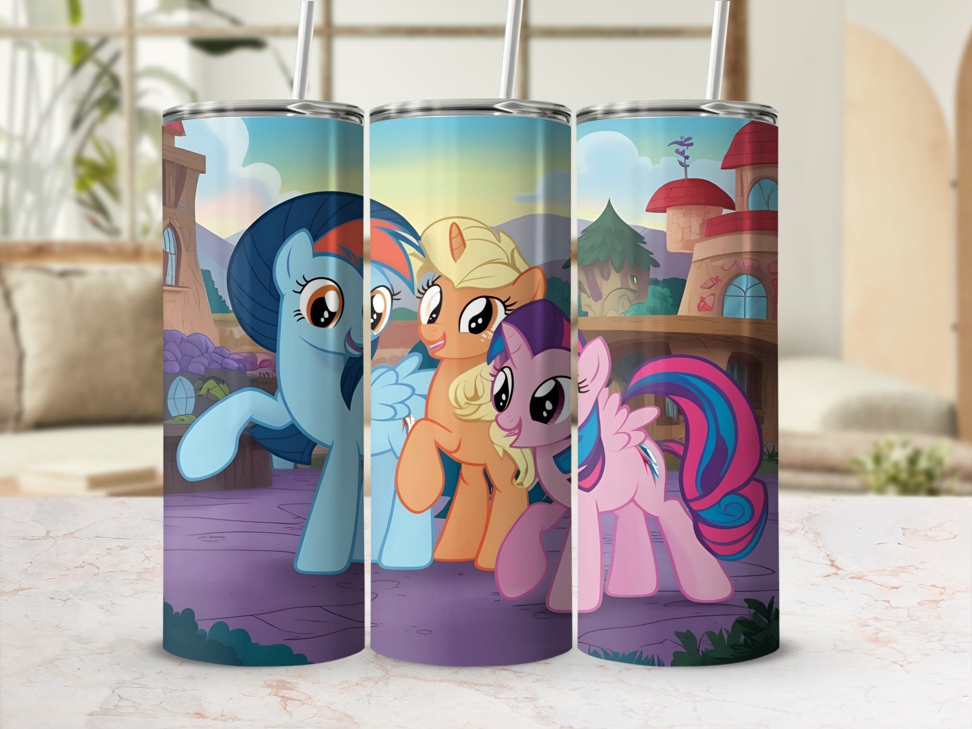 Three colorful cartoon ponies with manes and tails in pastel rainbow colors.