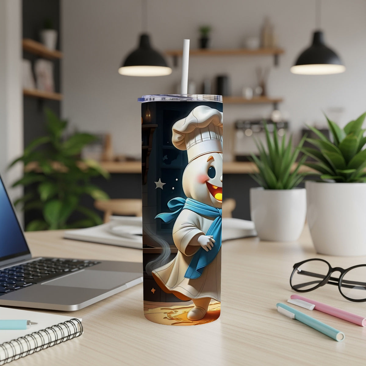 Tumbler with Pillsbury Doughboy wearing chef hat and blue scarf.