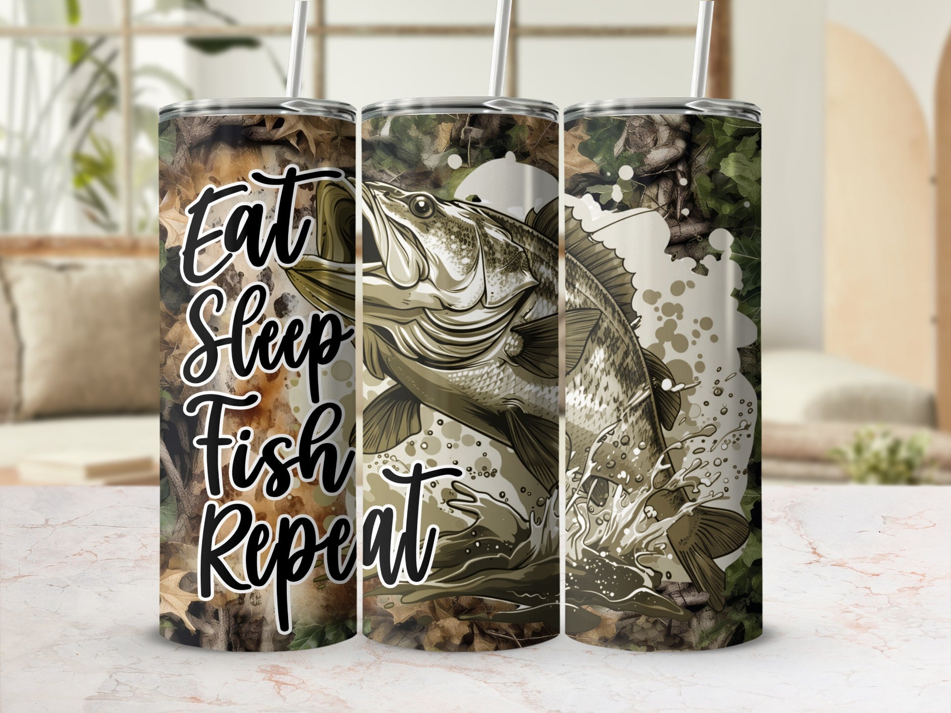 Tumbler with camouflage pattern and "Eat Sleep Fish Repeat" text with leaping fish.