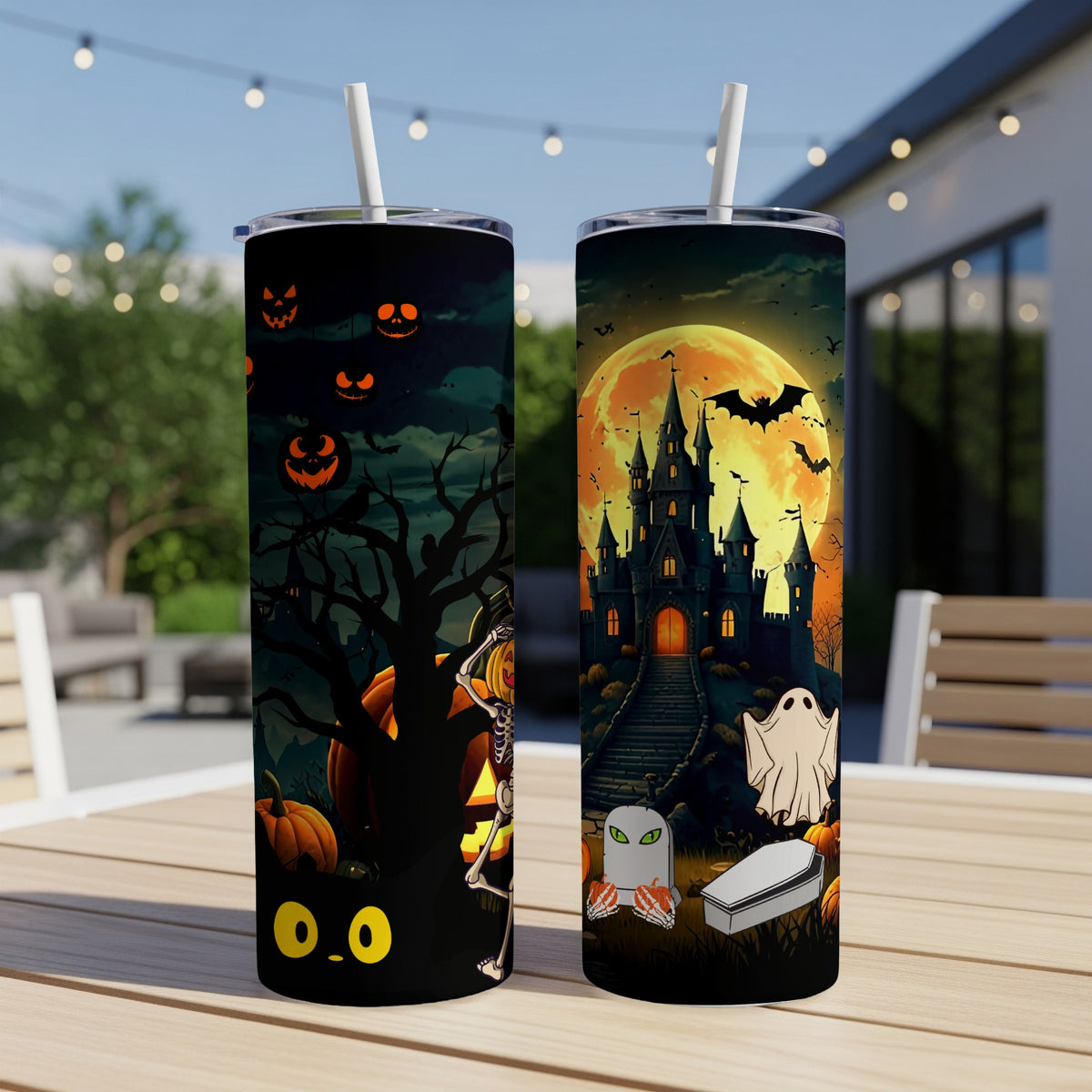 Two tumblers with Halloween scenes: pumpkins, skeleton, black cat, haunted castle, ghost, and bats.