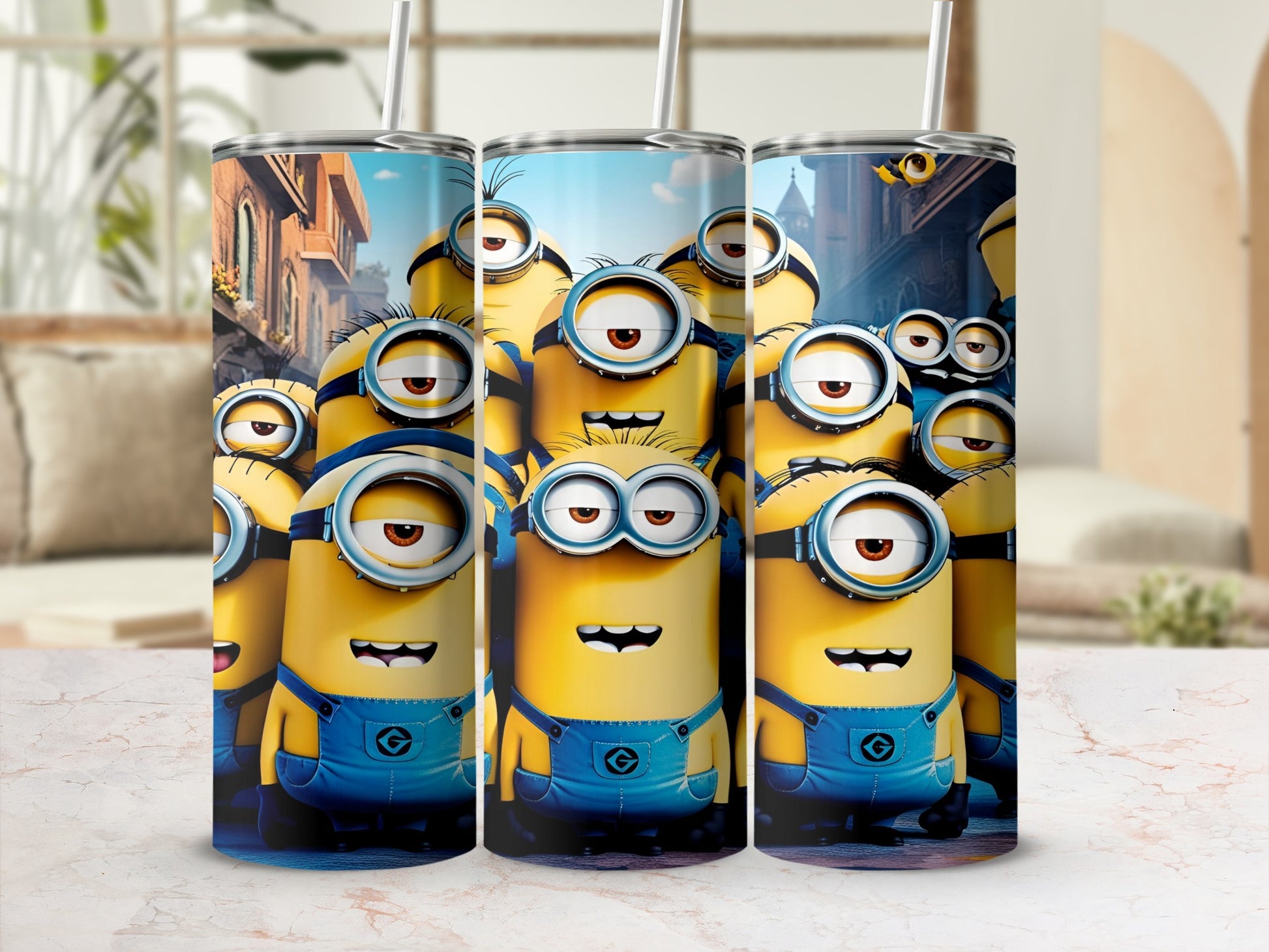 Minions characters in blue overalls on a cylindrical tumbler design.
