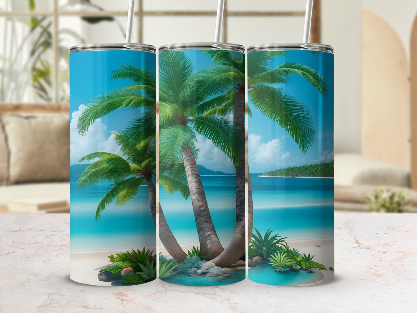 Three tall palm trees on a sandy beach with clear blue ocean and sky.