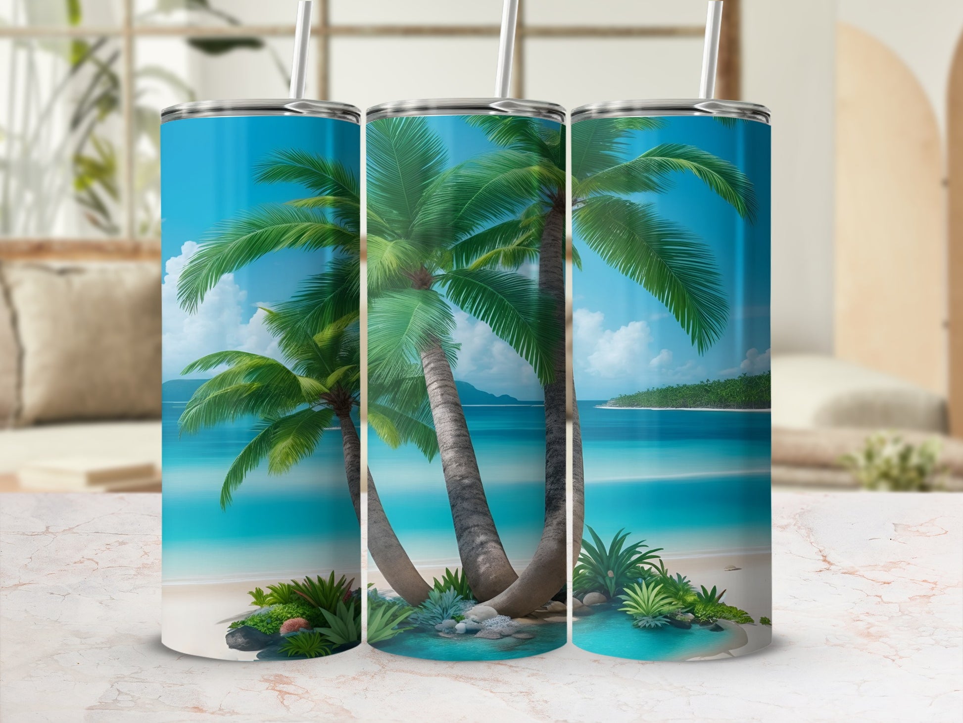 Three tall palm trees on a sandy beach with clear blue ocean and sky.