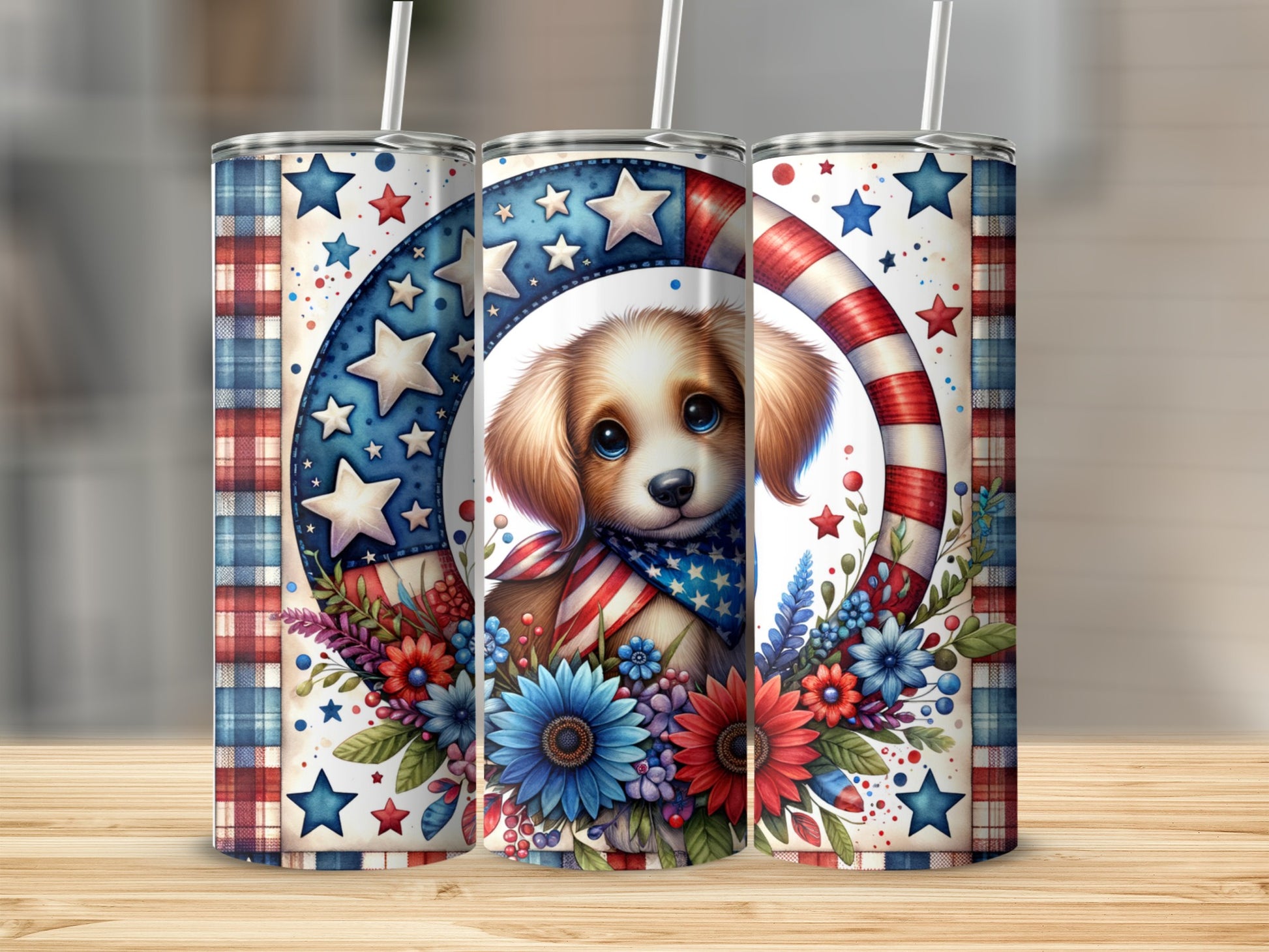 Patriotic puppy with stars, flowers, and a red and white striped border.