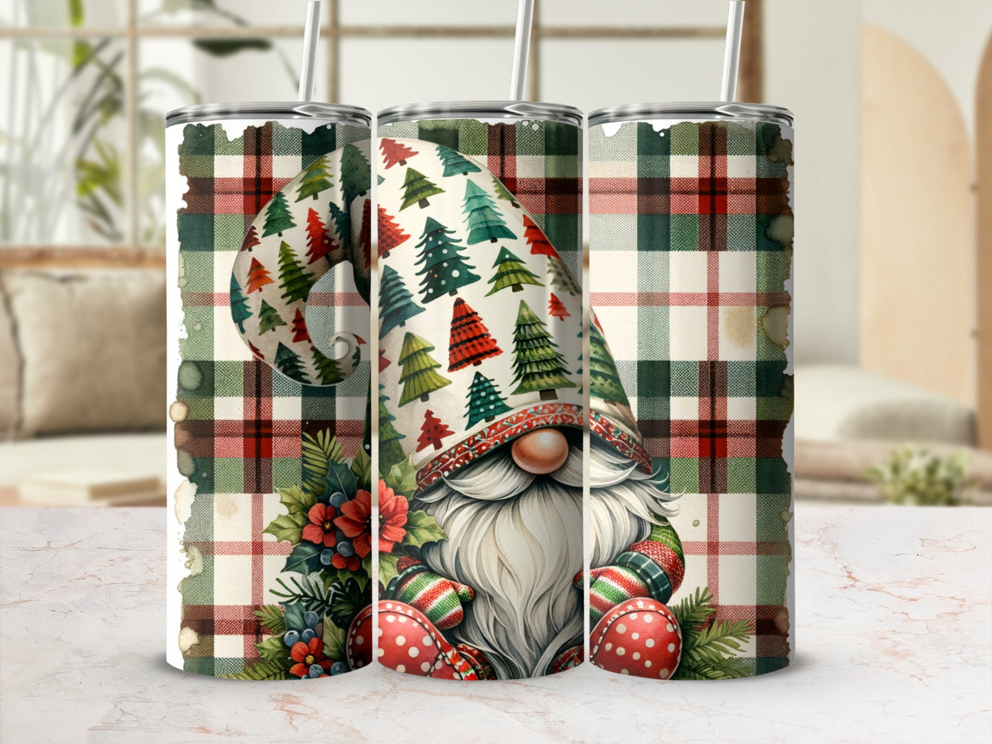Gnome with plaid hat and trees, festive holiday design on tumbler.