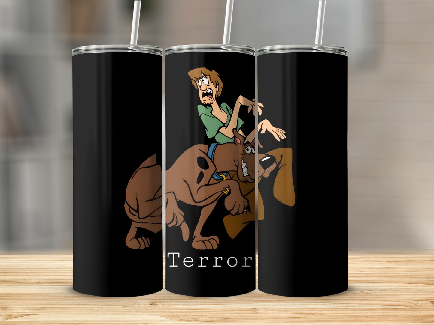 Scooby-Doo and Shaggy on a black tumbler with "Terror" text.