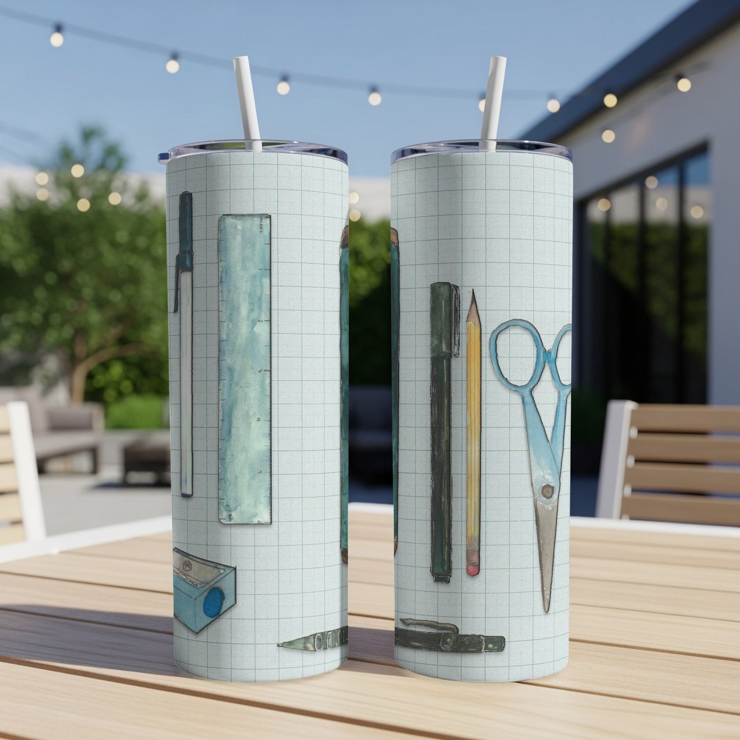 Two tumblers with a grid pattern and school supplies illustration.
