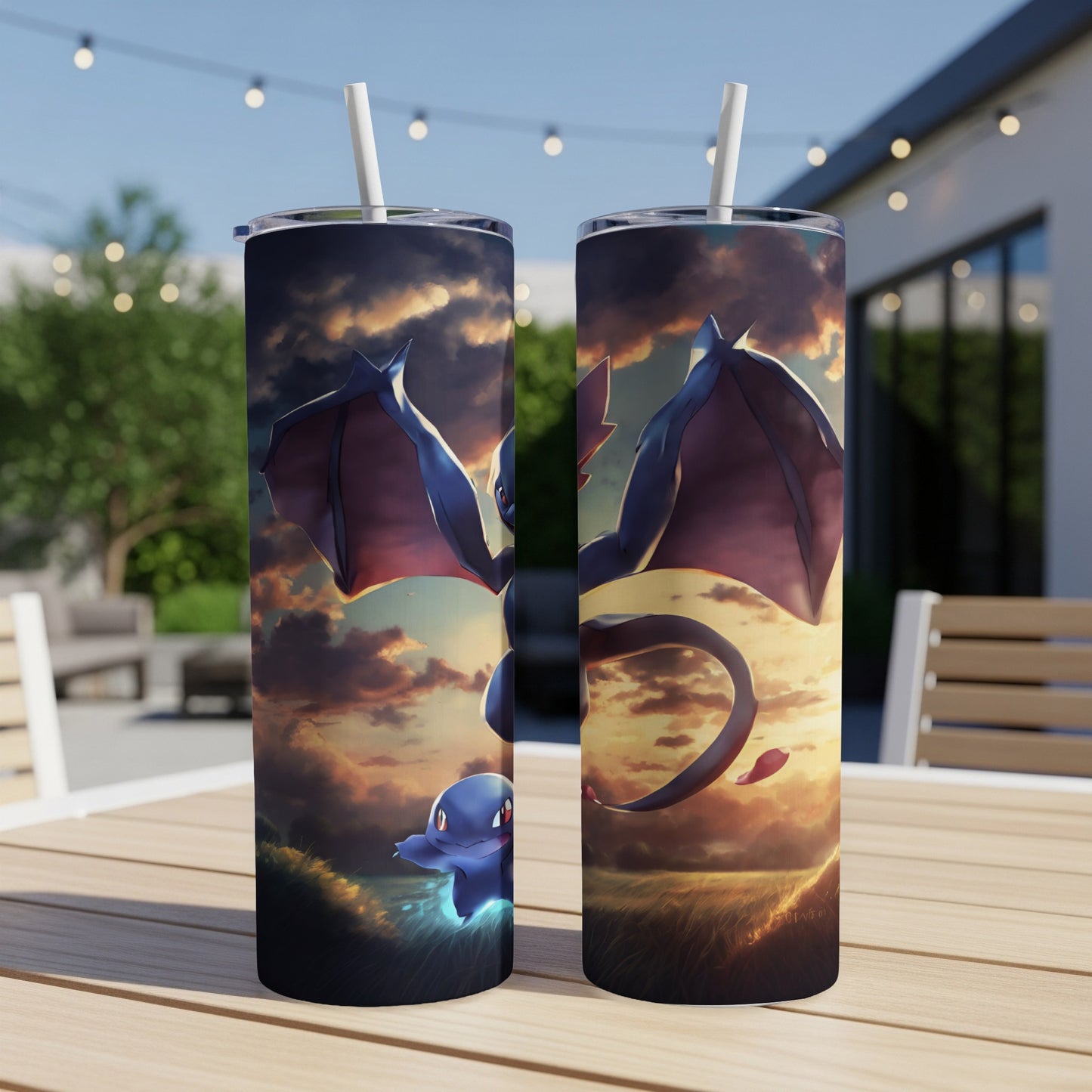 Dragonite and Dratini Pokémon on a sunset landscape background on two tumblers.
