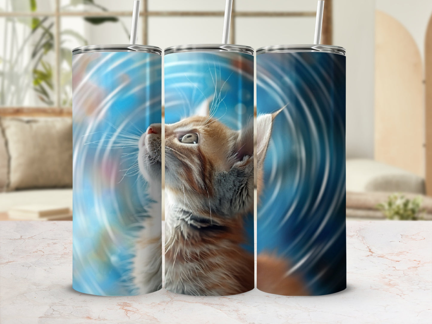Ginger kitten looking up with a water ripple effect background.