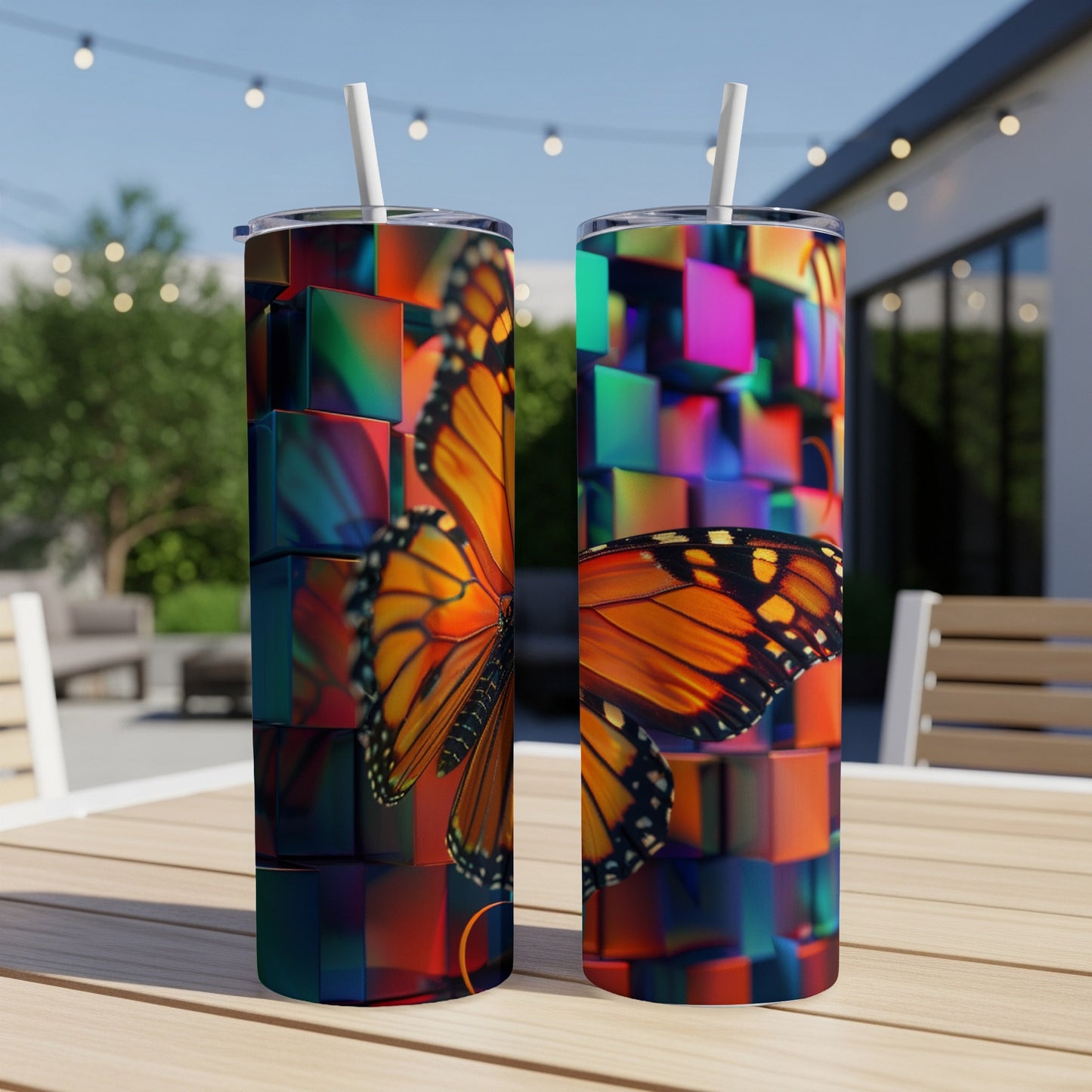 Two colorful tumblers with a monarch butterfly design.