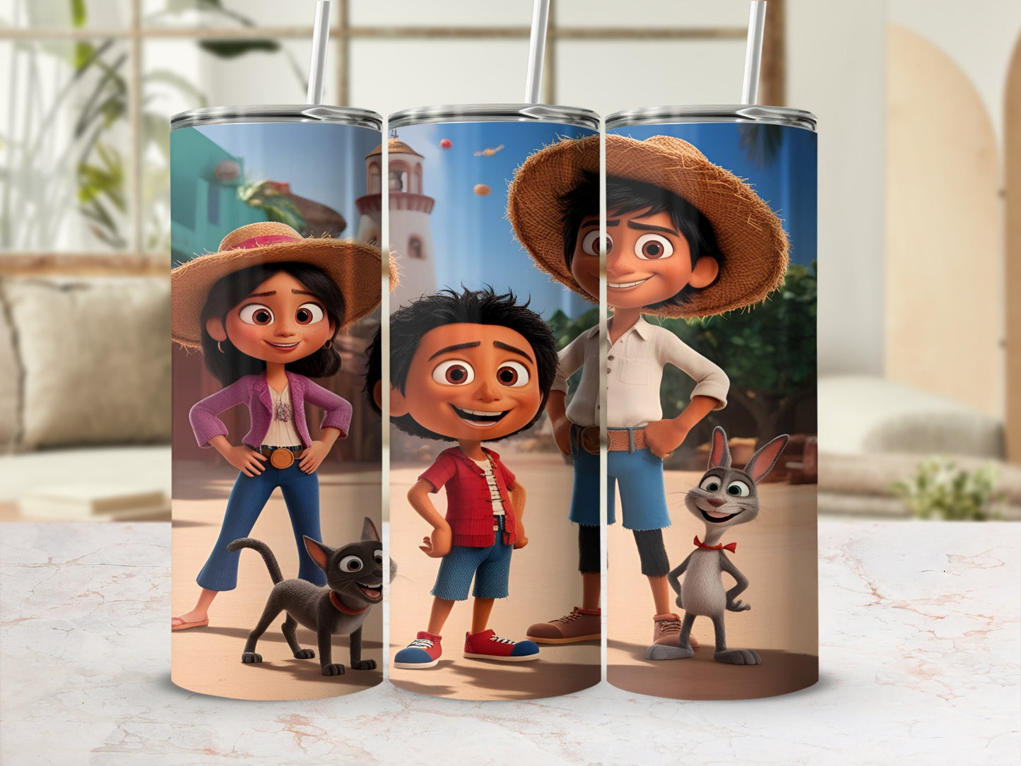 Three characters and a dog on a light marble surface with a blurred background.
