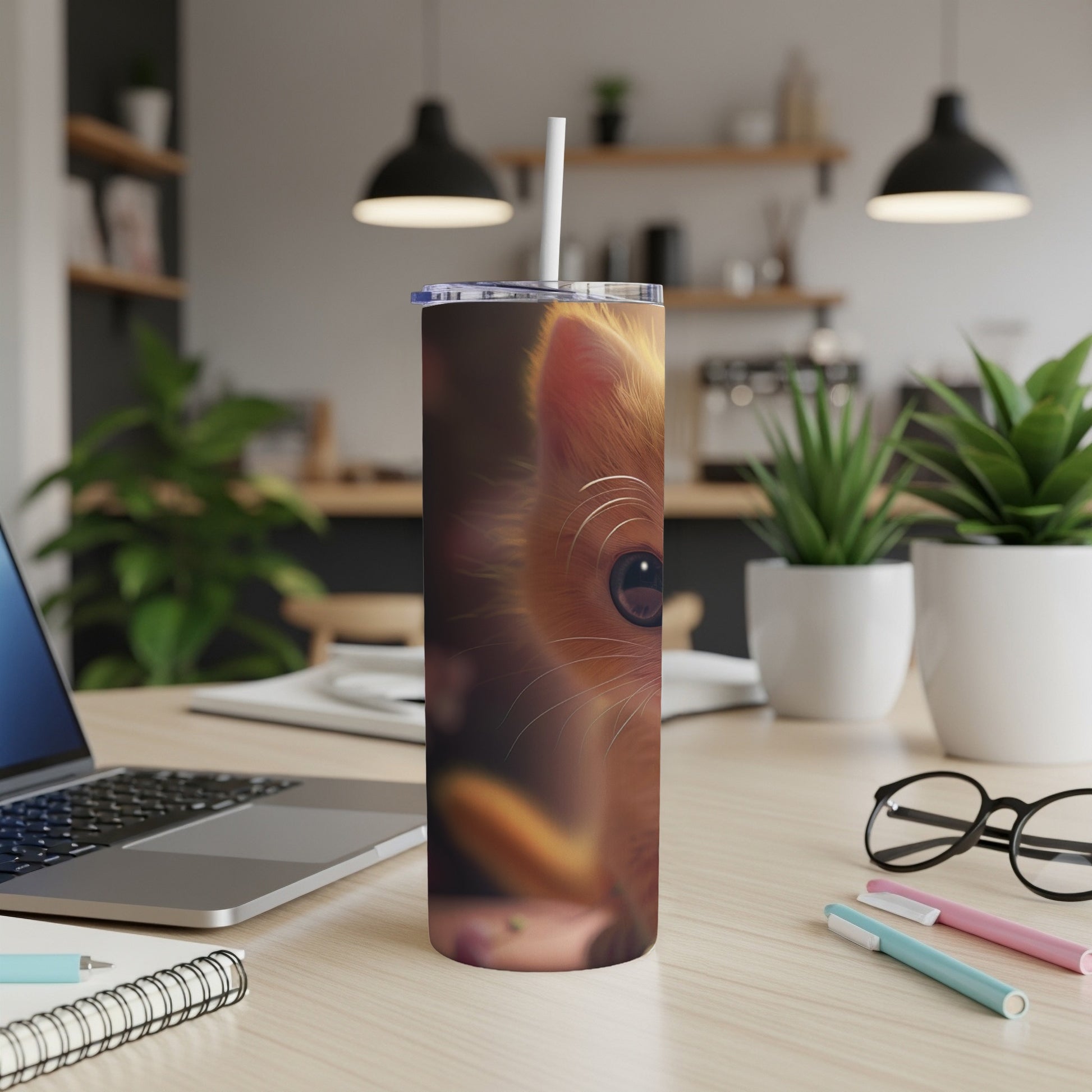 Close-up of a cat's face on a tumbler, with a laptop and office supplies.