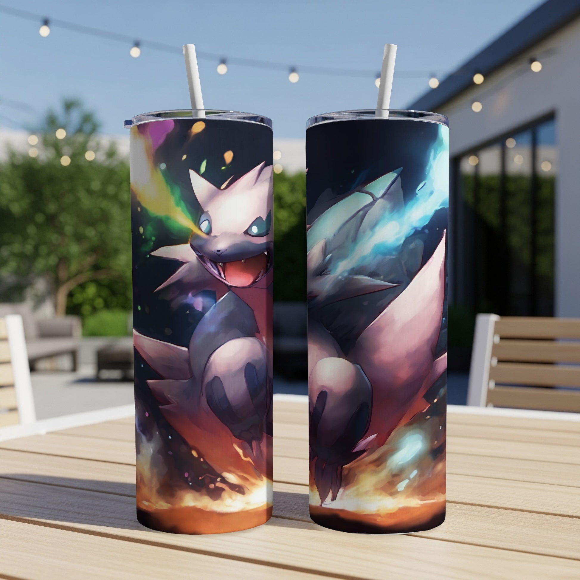 Zoroark Pokémon character with fiery breath on two tumblers.
