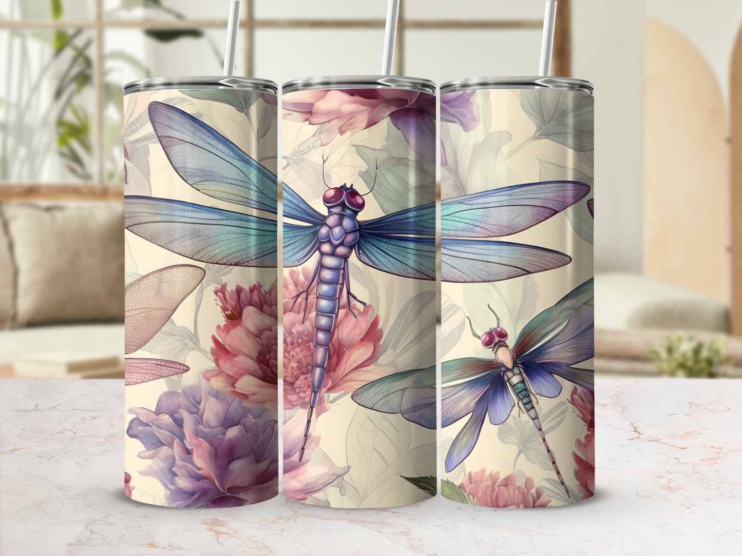 Dragonfly and Floral Pattern Insulated Tumbler