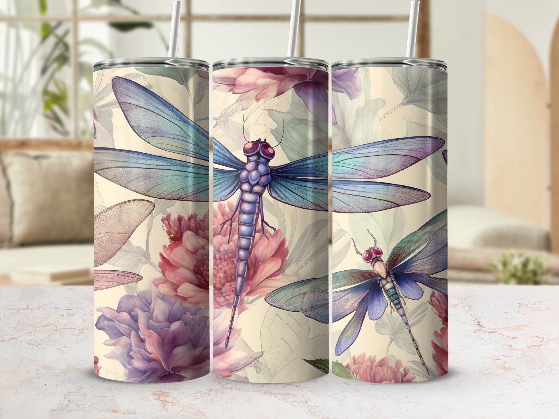 Dragonfly and Floral Pattern Insulated Tumbler