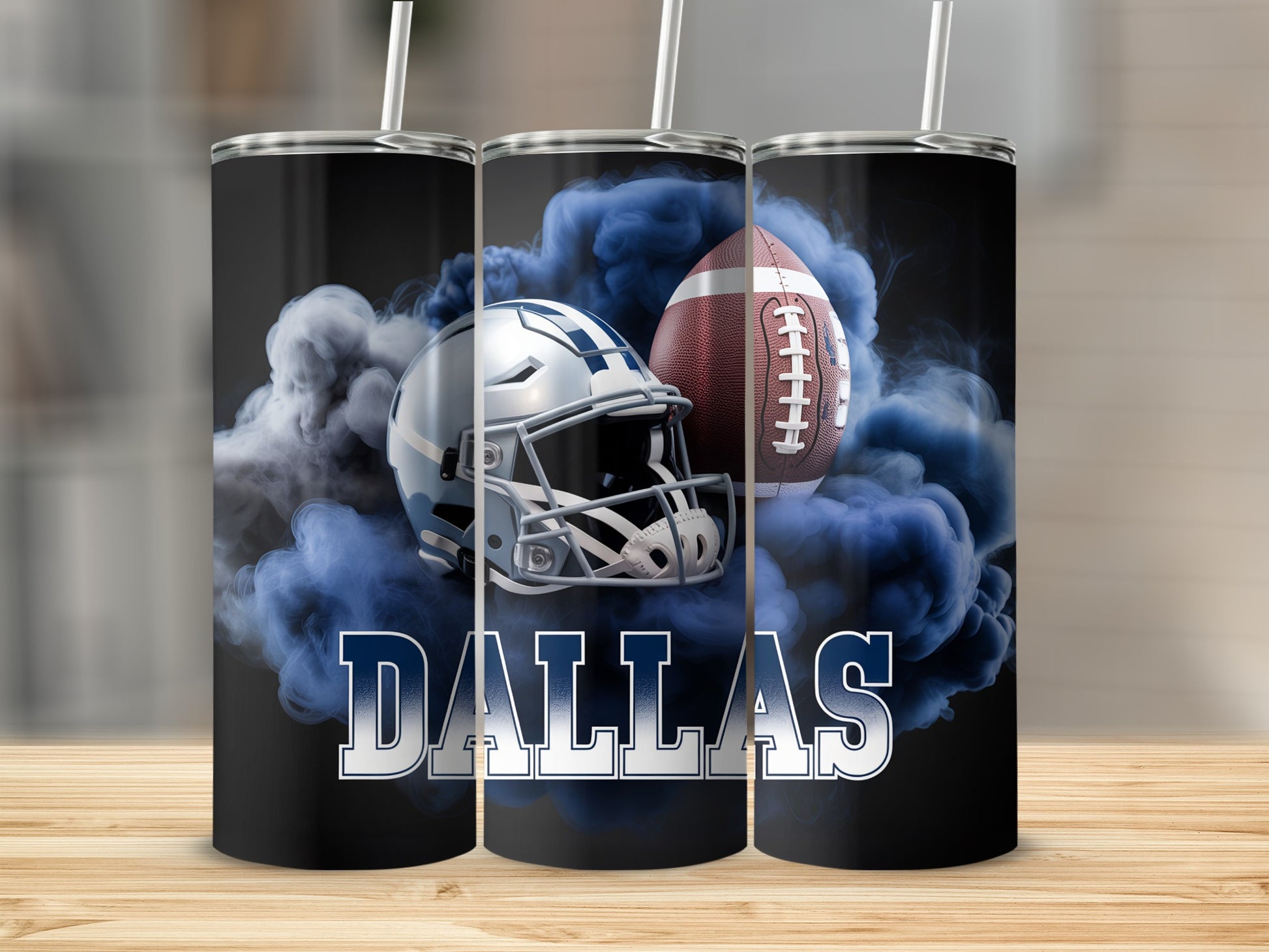 Dallas Cowboys football helmet and ball emerging from smoke.