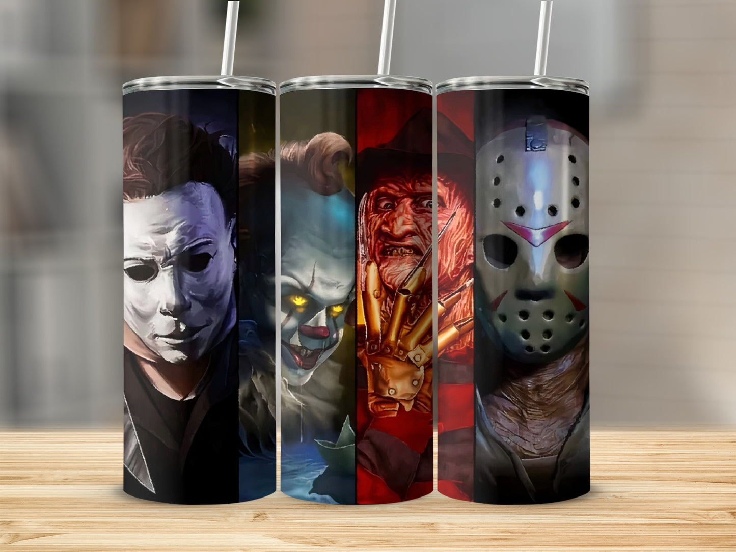 Collection of horror movie villains on tumblers: Michael Myers, Pennywise, Freddy Krueger, Jason Voorhees.
