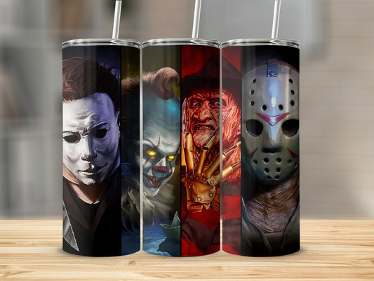 Collection of horror movie villains on tumblers: Michael Myers, Pennywise, Freddy Krueger, Jason Voorhees.