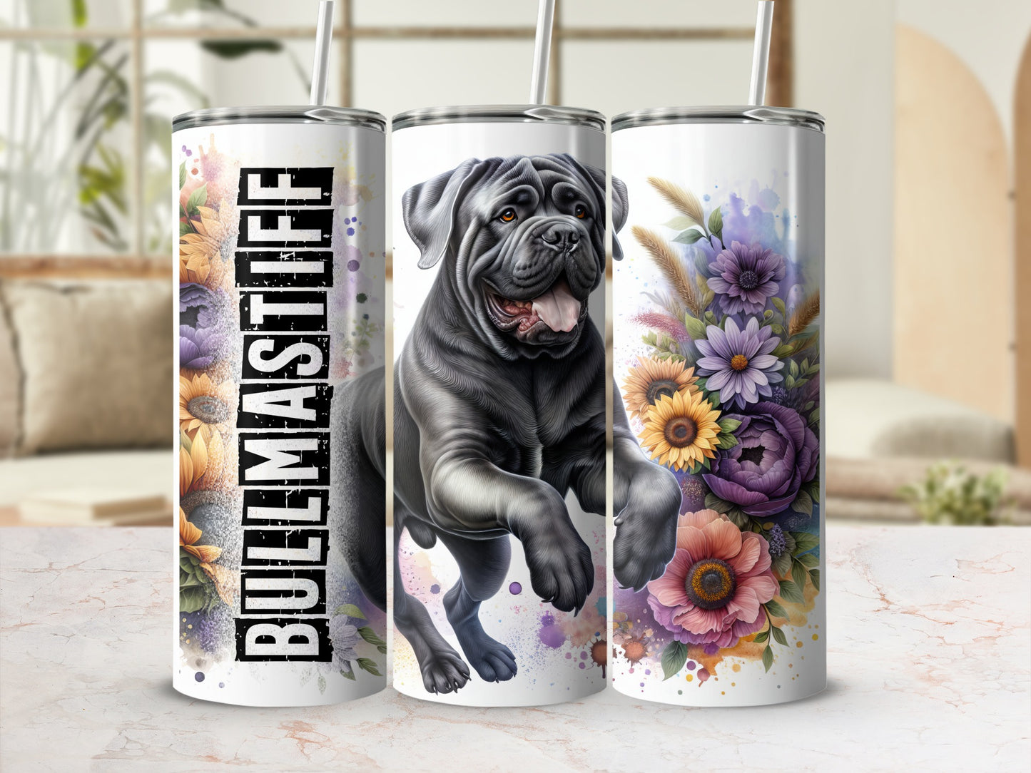 Black mastiff with flowers on a white tumbler.