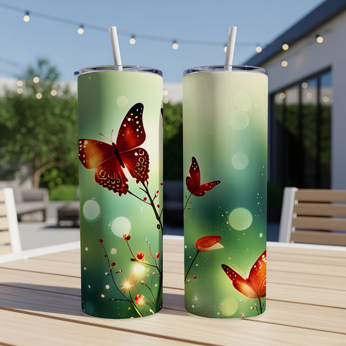 Two tumblers with a red butterfly and floral design on a table.