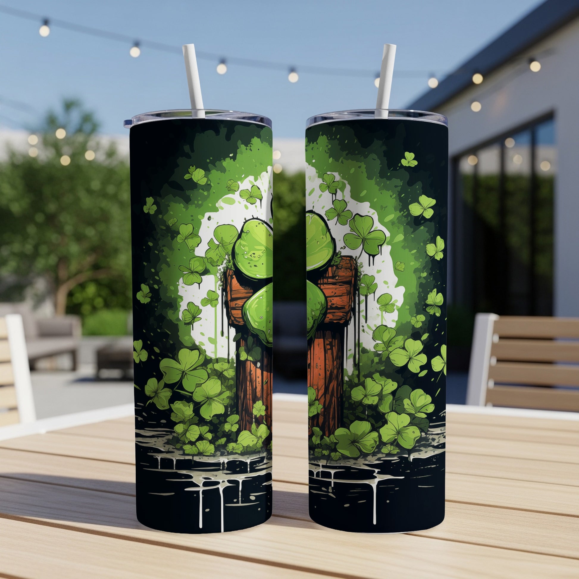 Two Saint Patrick's Day tumblers with shamrocks and distressed wood design.