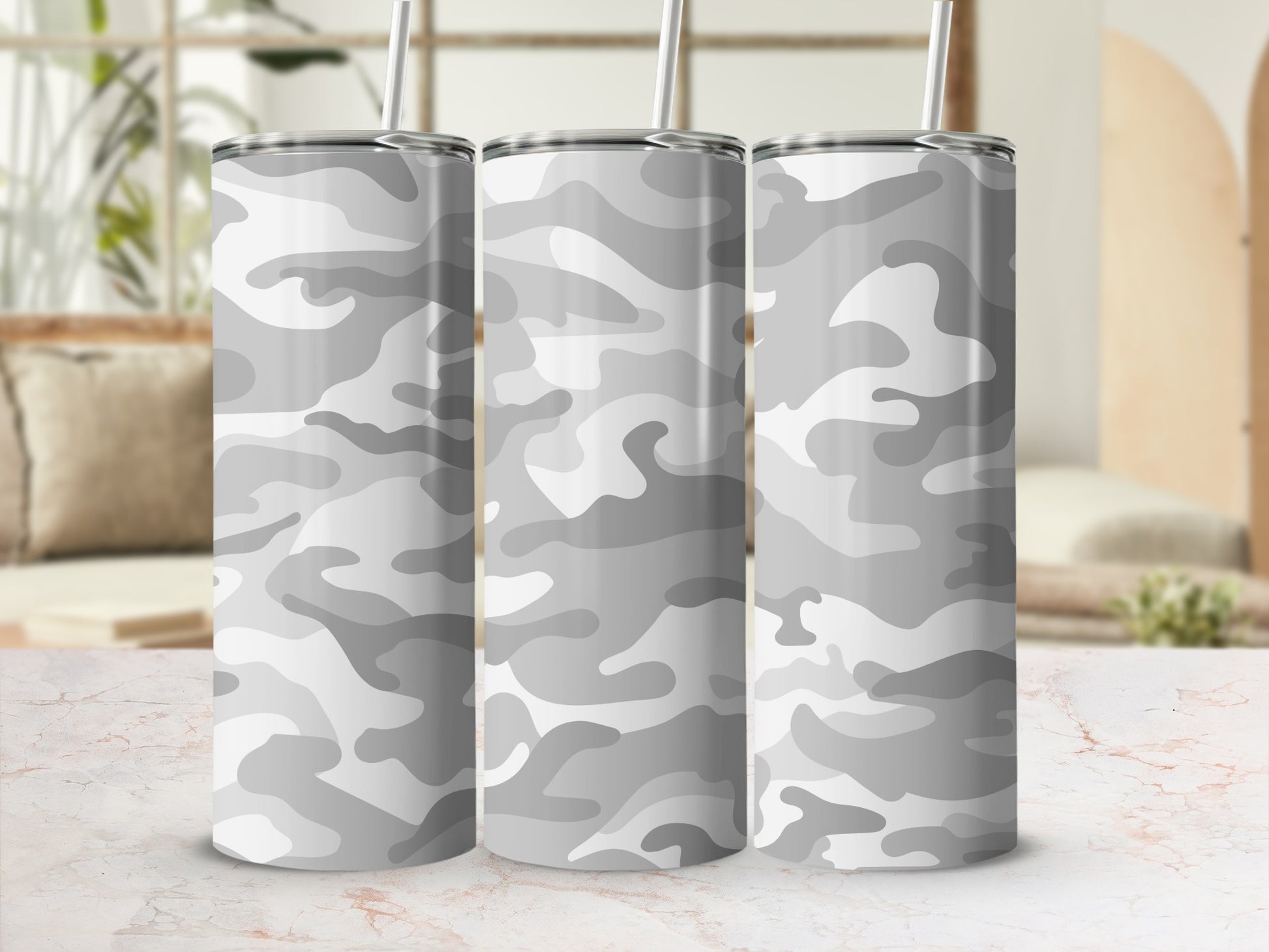 Gray and White Camouflage Insulated Tumbler Cup