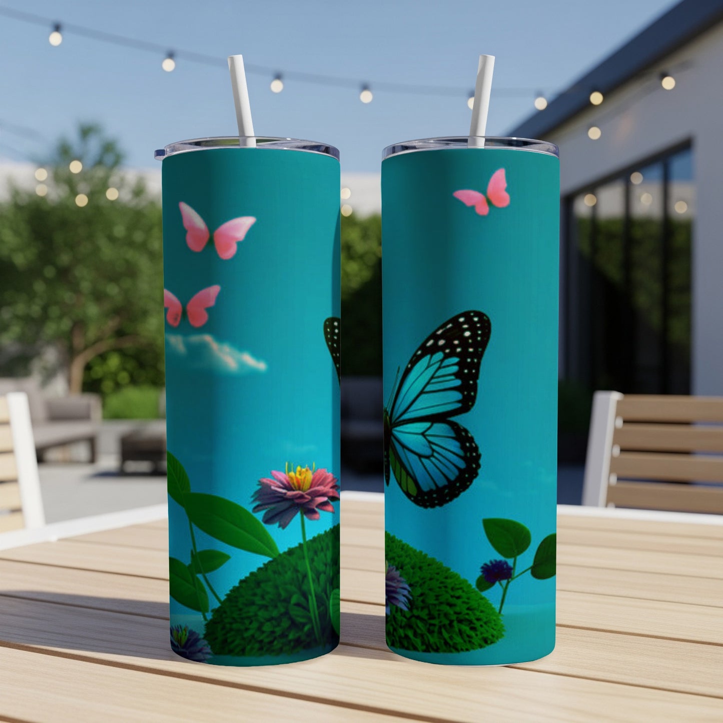 Two teal tumblers featuring a large blue butterfly and pink butterflies on a floral background.