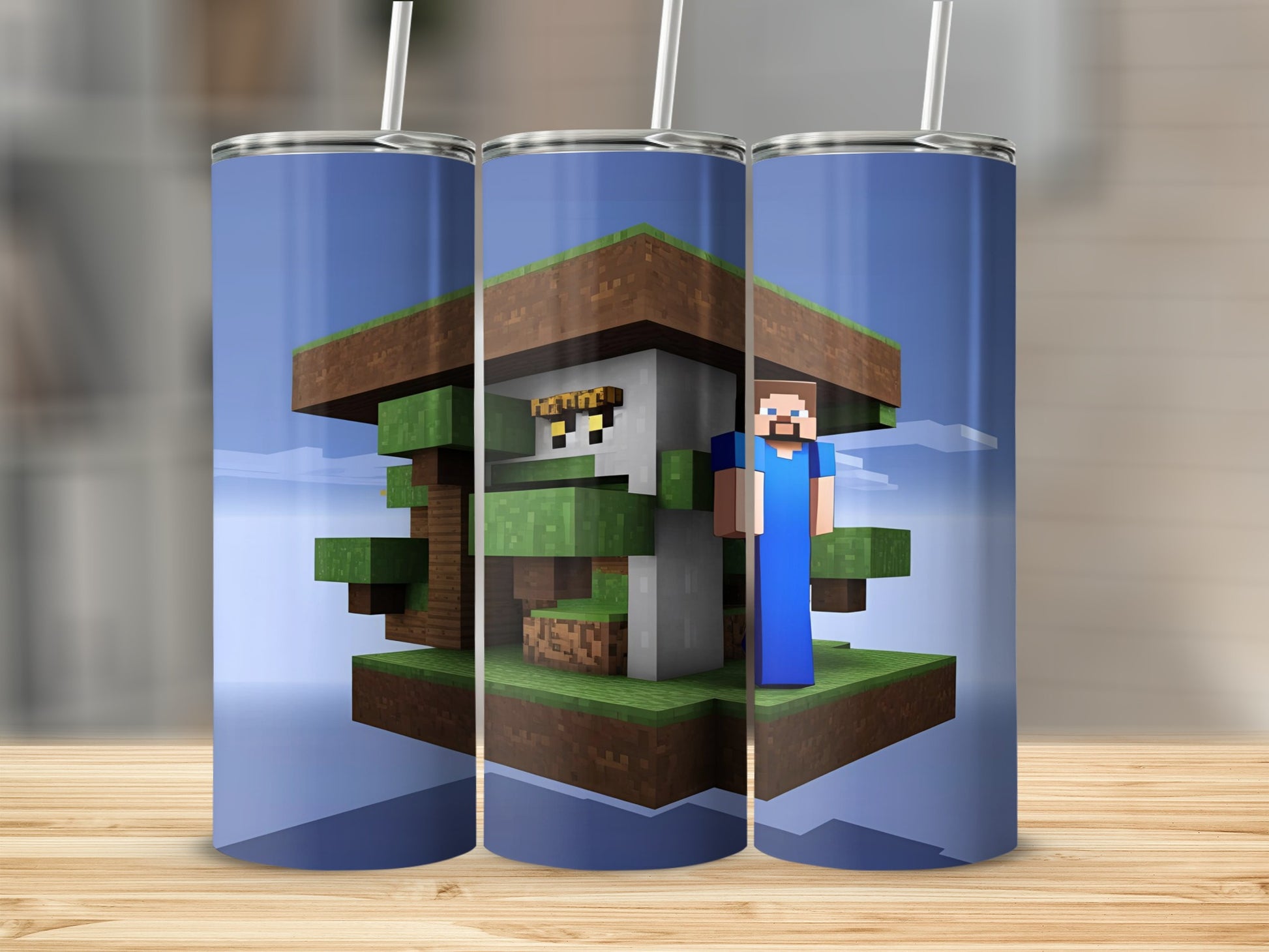 Minecraft style house with Steve character on floating island.