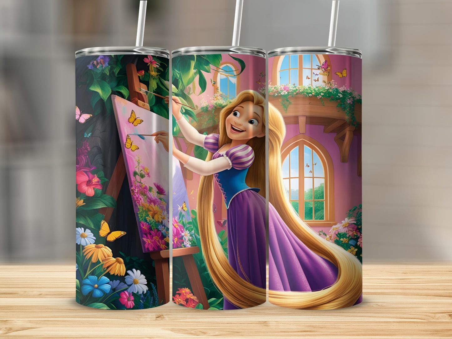 Rapunzel painting a floral scene on canvas, with butterflies and a castle window.