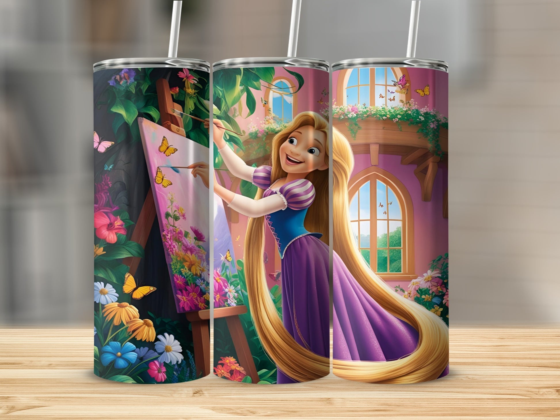 Rapunzel painting a floral scene on canvas, with butterflies and a castle window.