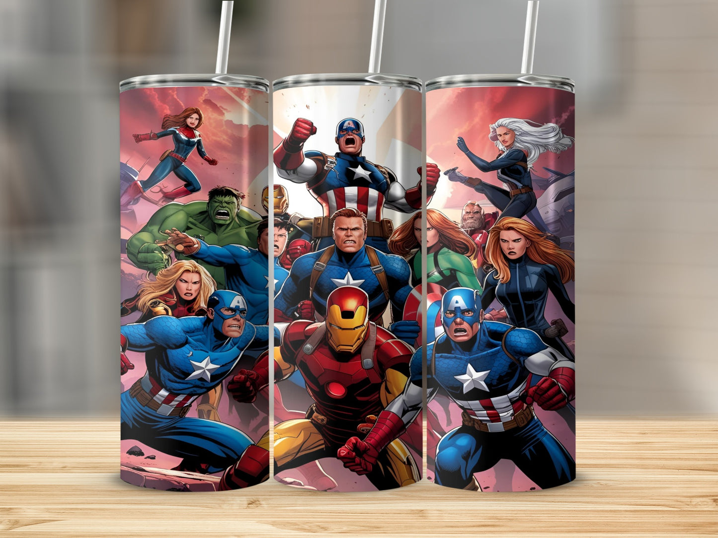 Avengers superheroes Captain America, Iron Man, Hulk, Thor, Black Widow, and Hawkeye.