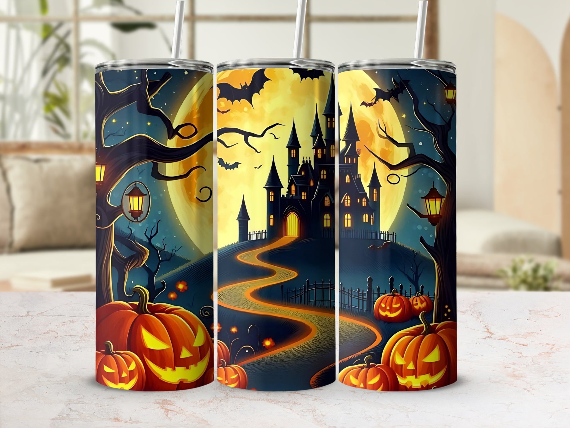 Halloween Haunted House and Pumpkins Tumbler