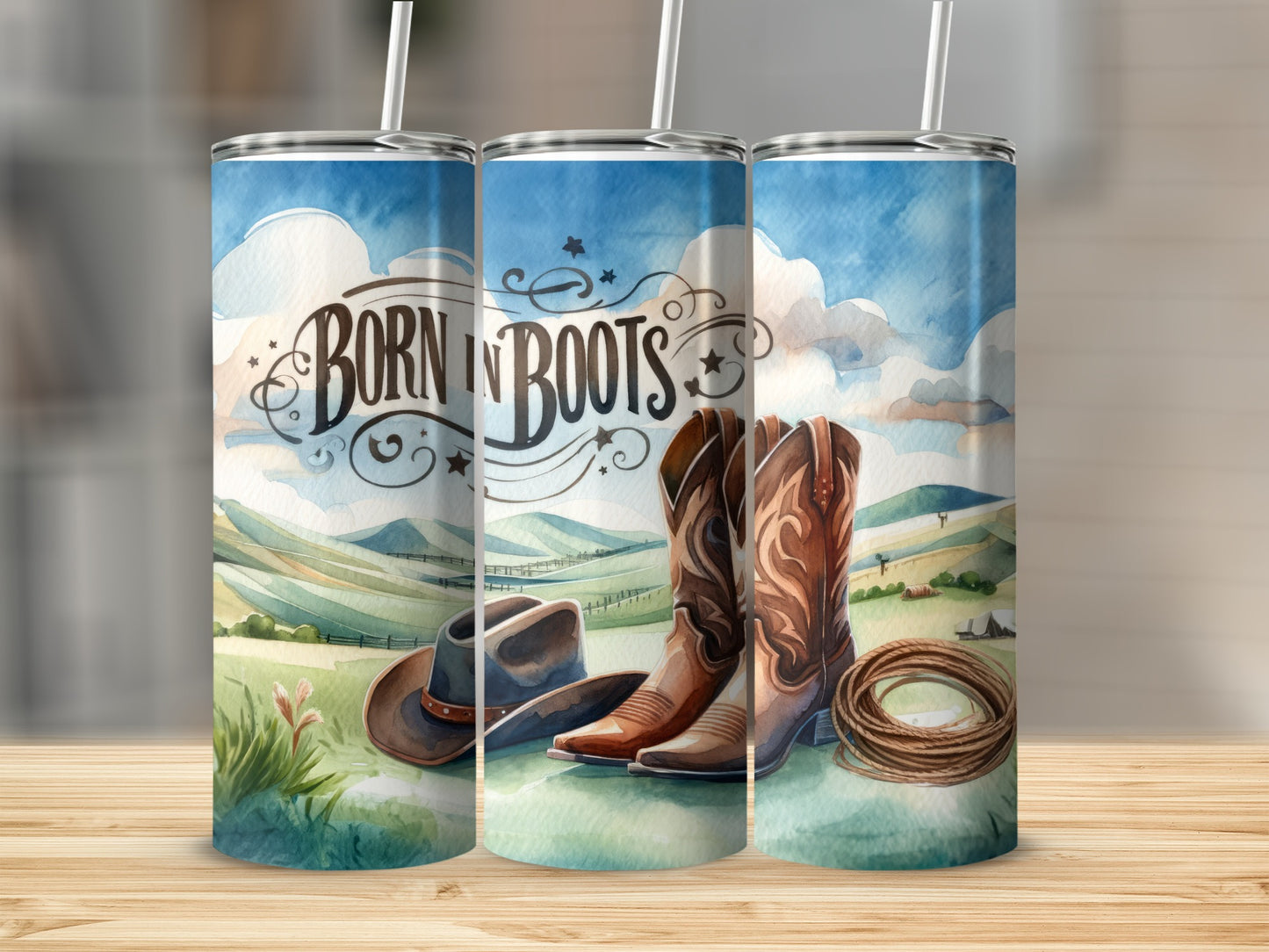 Cowboy hat, boots, and rope with "Born in Boots" text on a landscape.