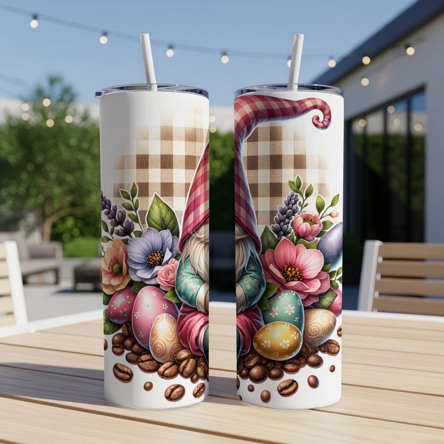 Gnome with Easter eggs and coffee beans on a plaid tumbler.